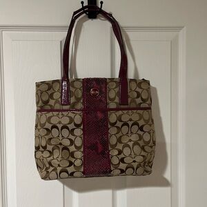 Coach Tan and Burgundy Signature Tote